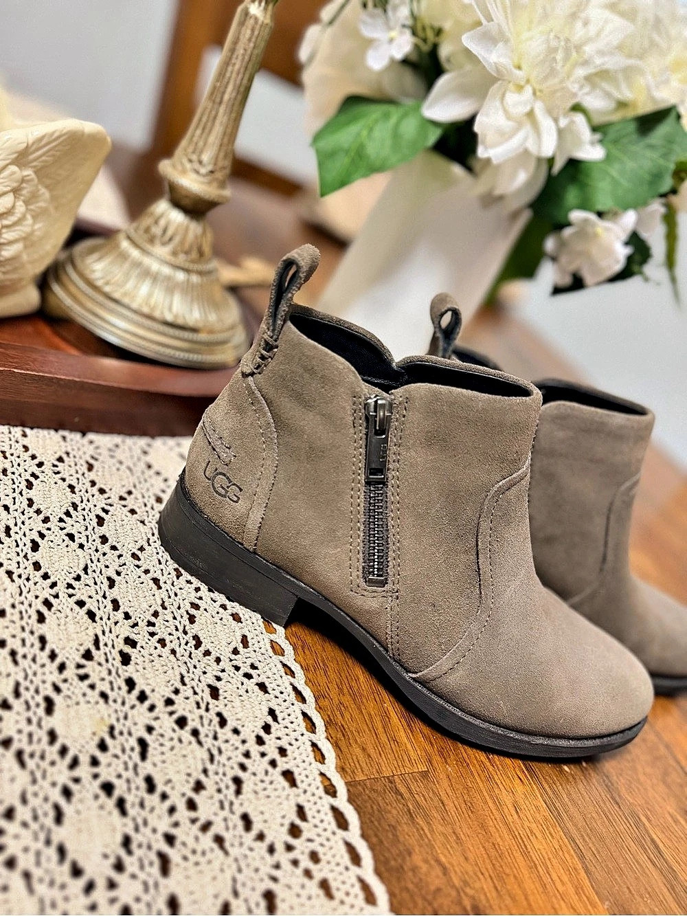 UGG Suede Ankle Booties Grey Taupe Side Zip Low Heel Boot